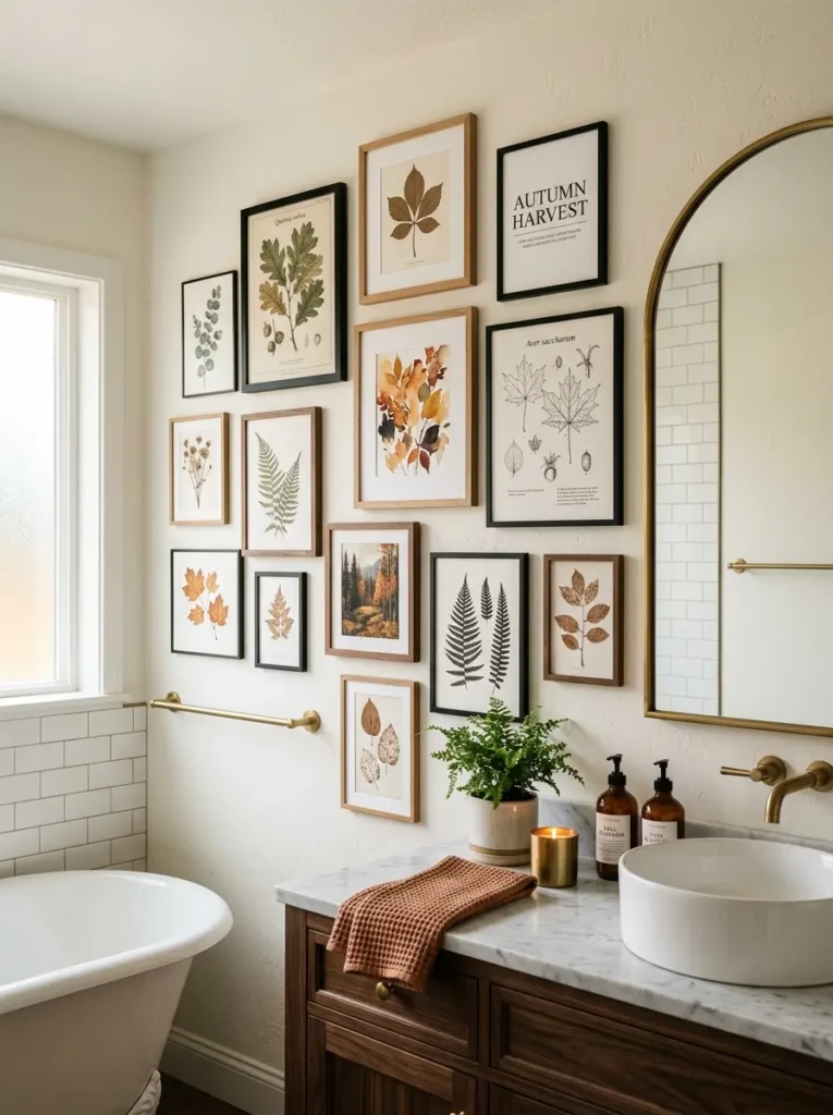 Bathroom wall decorated with autumn botanical prints and elegant framed artwork.