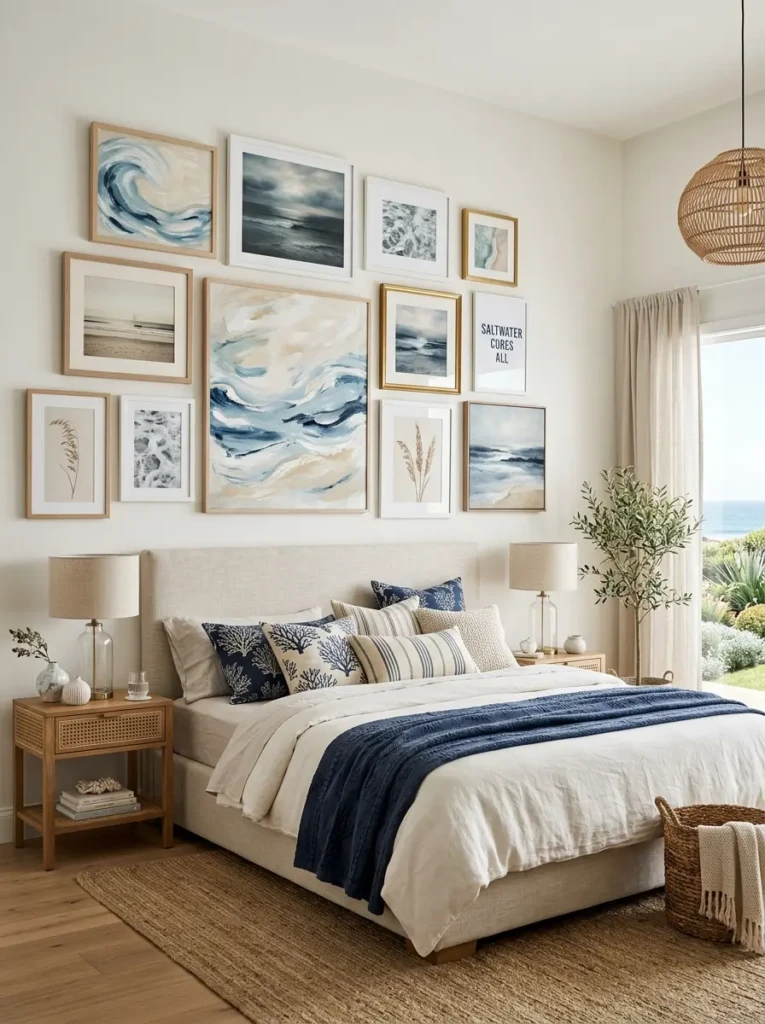 Beach bedroom featuring sophisticated seascape and wave-inspired artwork