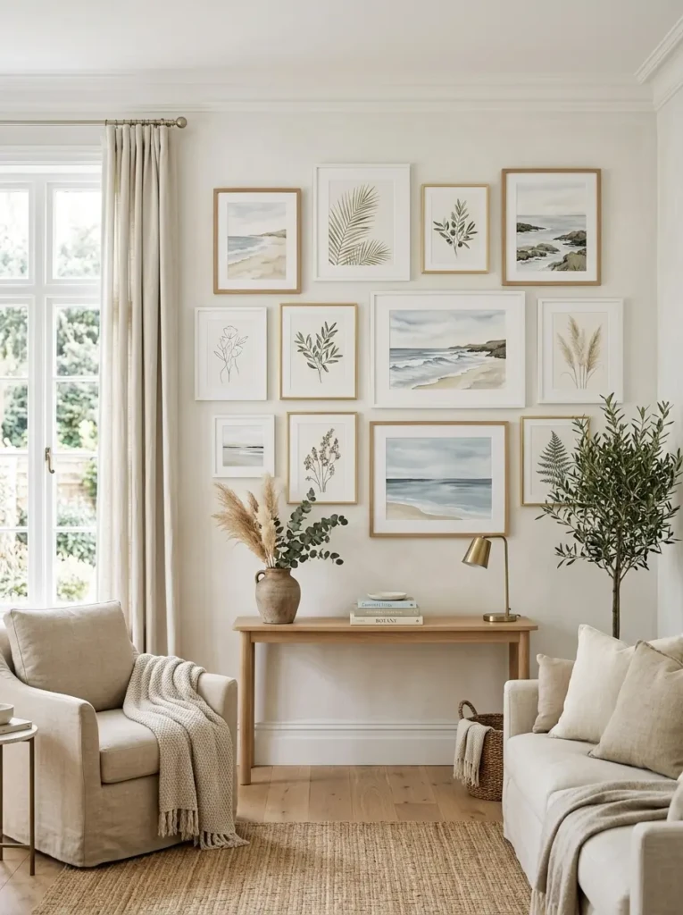 Gallery wall featuring soft landscapes and nature-inspired summer artwork.