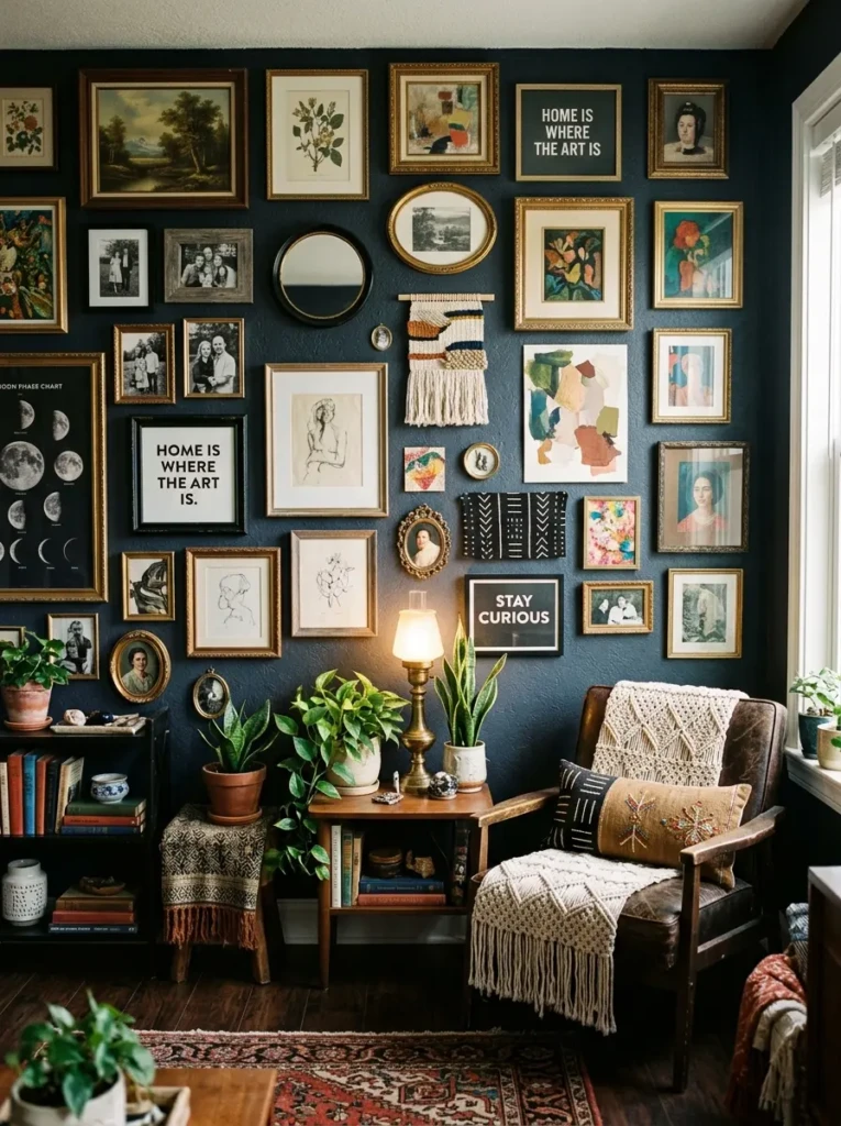 Mixed artwork and frames creating a boho-inspired gallery wall.