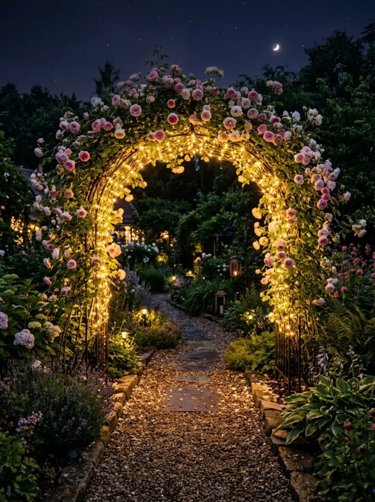 Garden arch wrapped in solar string lights and climbing flowers, creating a romantic nighttime entrance.