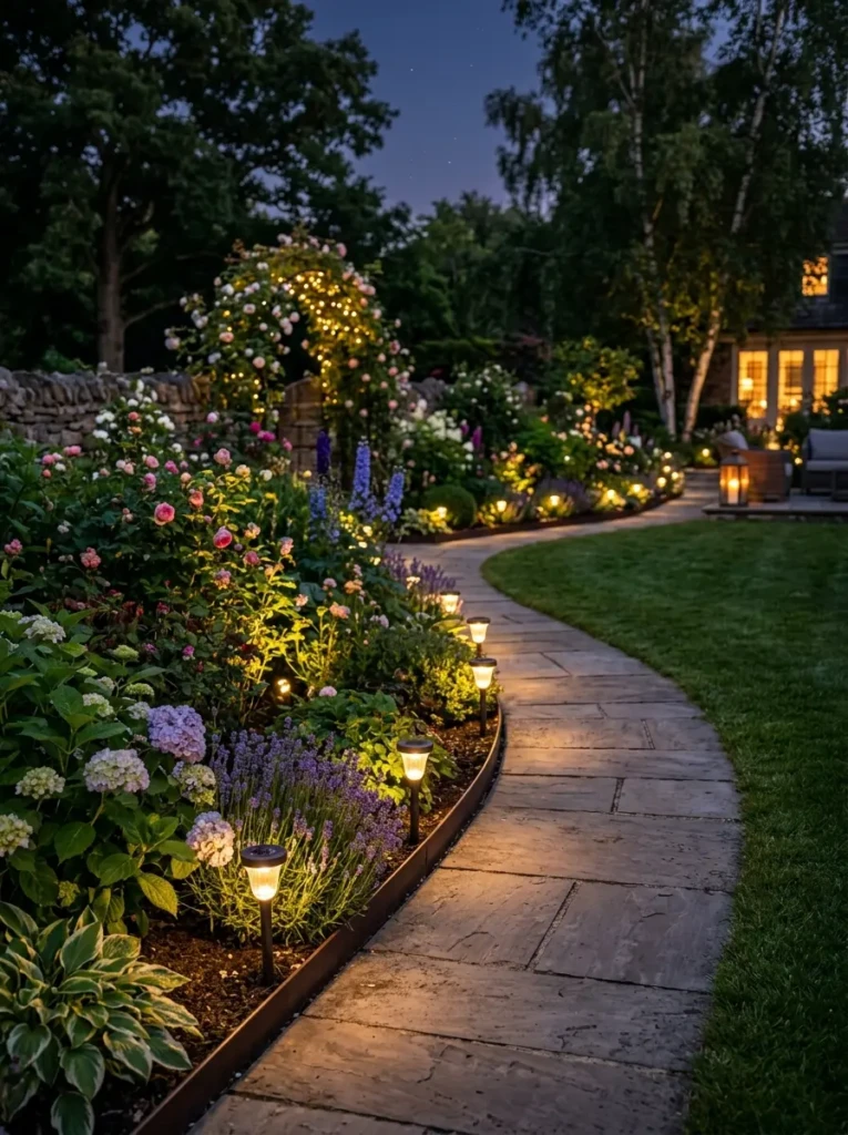 Garden edges lined with subtle solar lights highlighting flower beds and landscaping features at night.