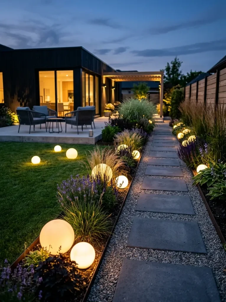 Contemporary garden featuring glowing solar globe lights arranged among flower beds and lawn areas.