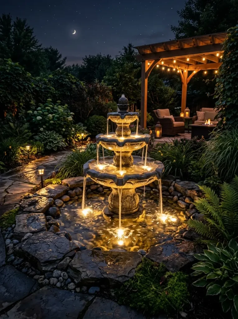 Decorative fountain illuminated with solar lighting, reflecting warm light across a peaceful garden setting.