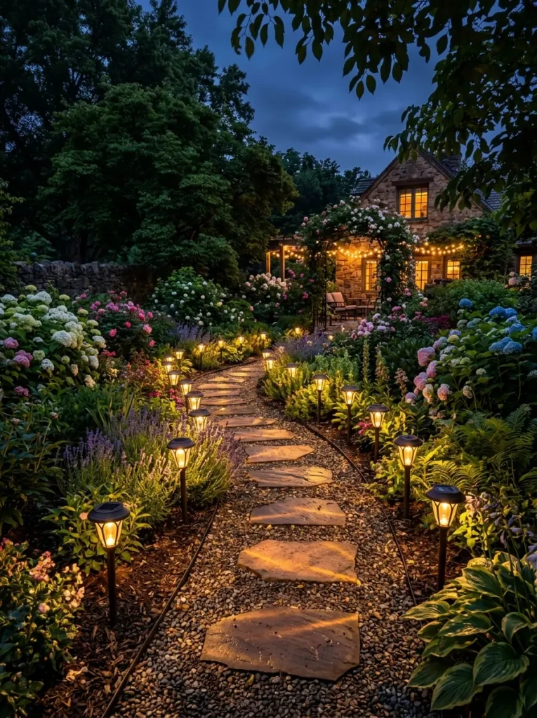 Curved garden walkway lined with warm solar stake lights and lush flowers creating an inviting nighttime path.