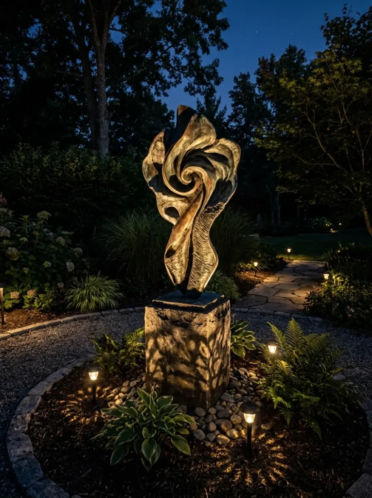 Decorative garden sculpture enhanced by solar accent lighting that highlights texture and artistic details.