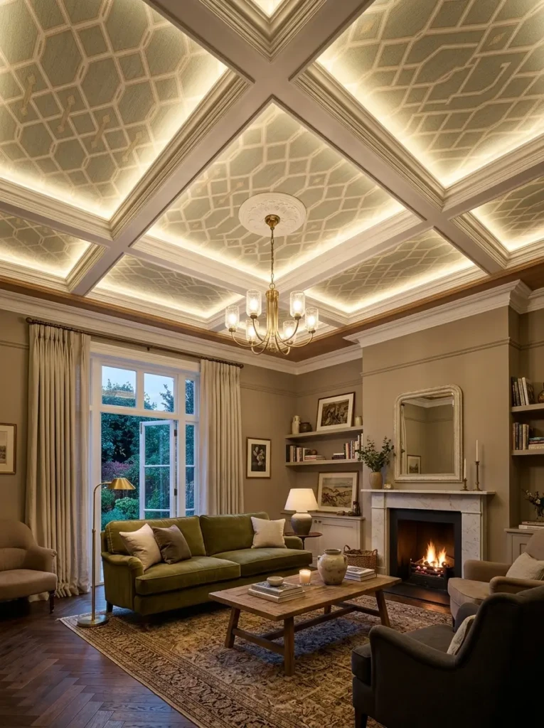 Sophisticated living room showcasing subtle geometric wallpaper on the ceiling.
