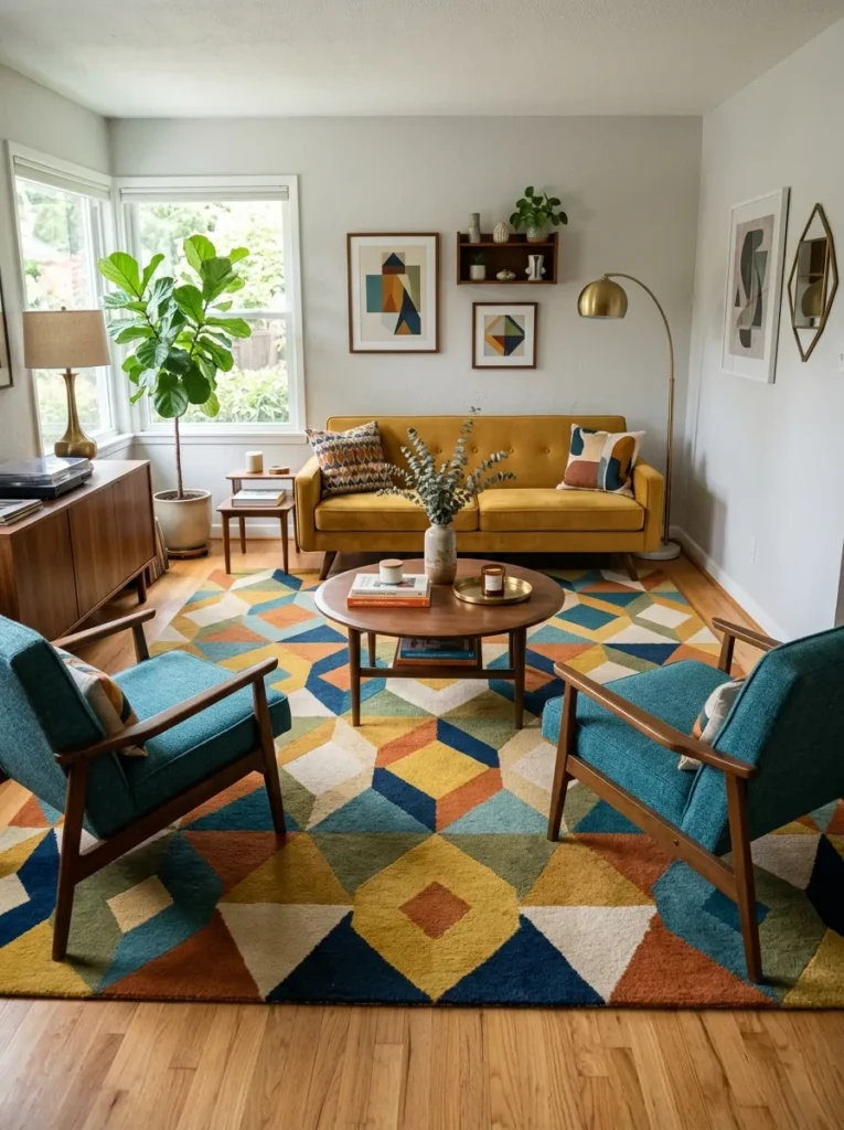 Patterned area rug ties together a balanced living room layout.