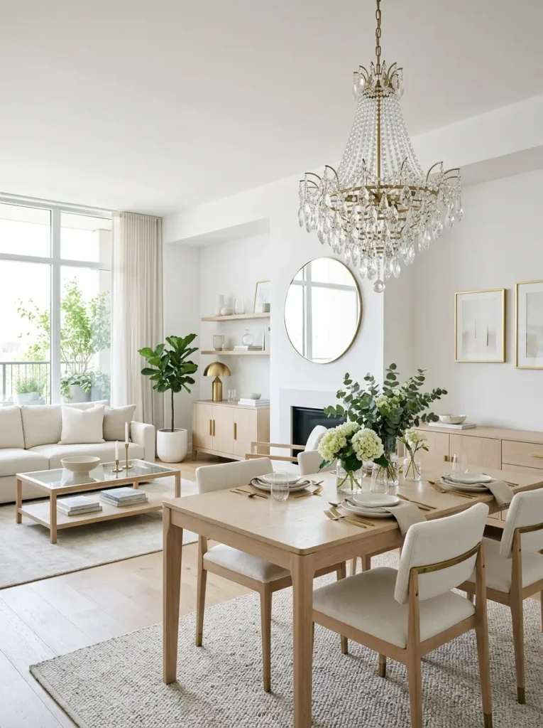 Transparent glass chandelier brightening an open and elegant dining room.