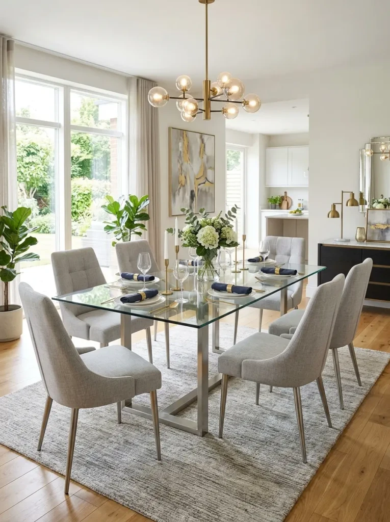 Glass dining table paired with upholstered chairs in an open interior