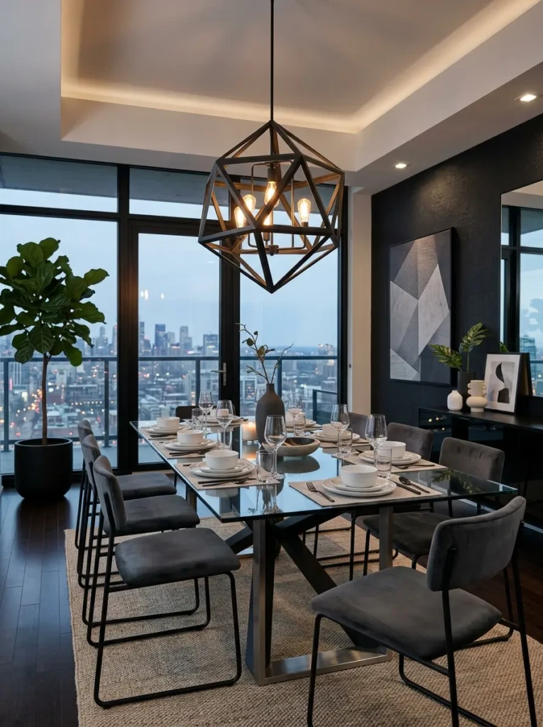 Glass and metal dining table with geometric lighting and modern décor