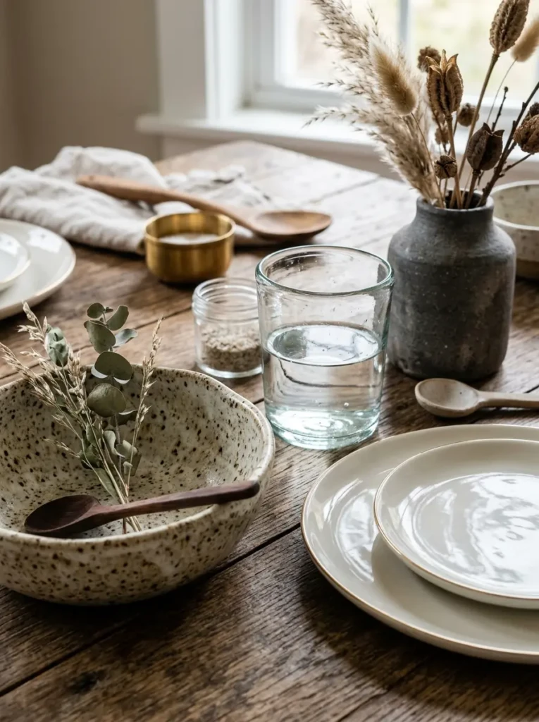 Combination of clear glassware and handcrafted pottery on a hutch