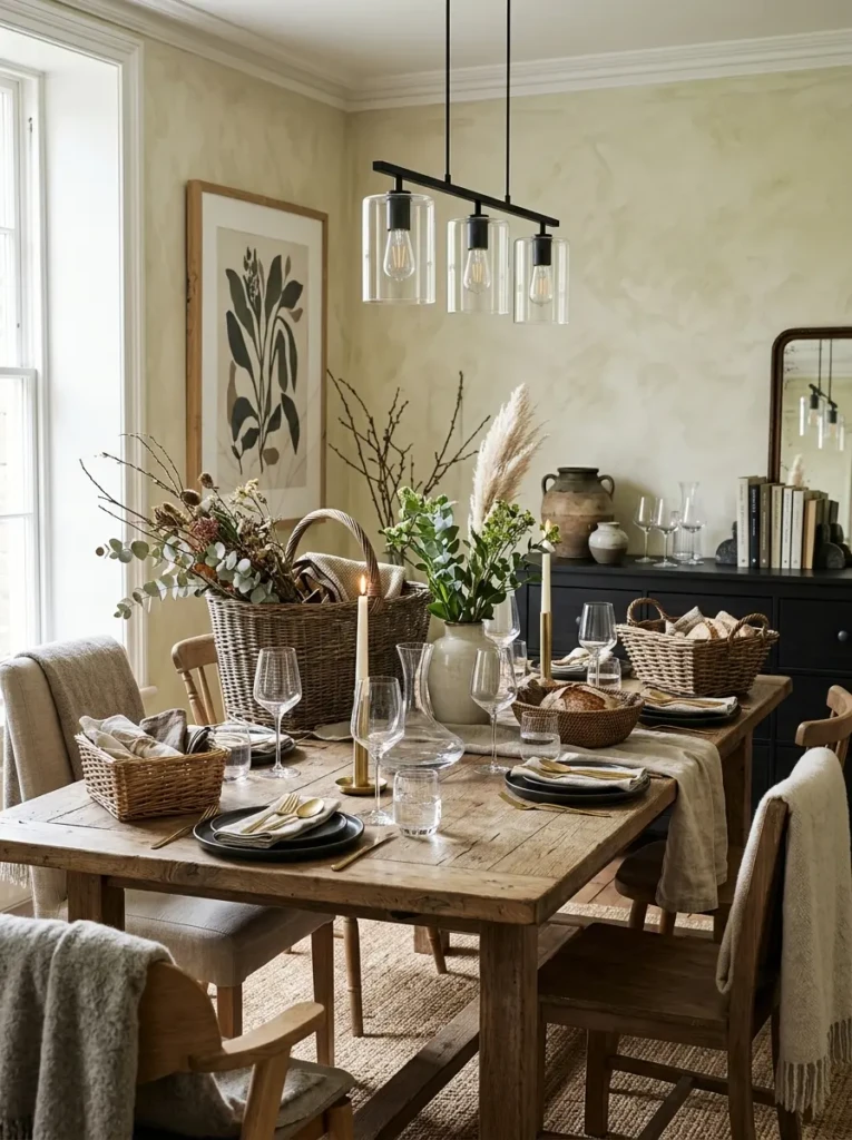 Contemporary glassware combined with rustic woven baskets
