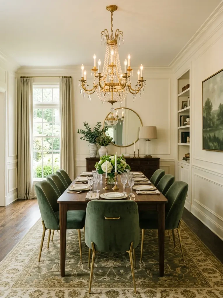 Gold-finished chandelier adding warmth and sophistication to a dining space.