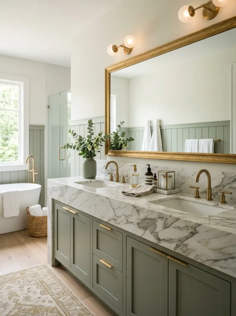 Brushed gold mirror above a marble vanity with soft green accents.