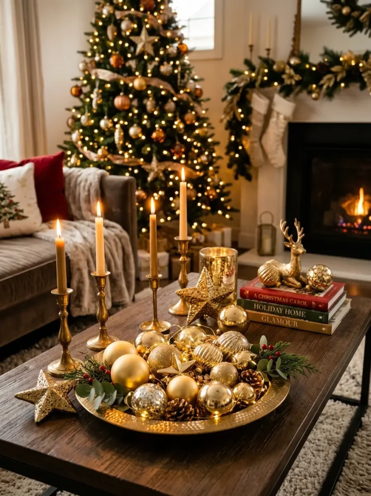 Metallic ornaments and candle holders displayed on a sophisticated Christmas coffee table