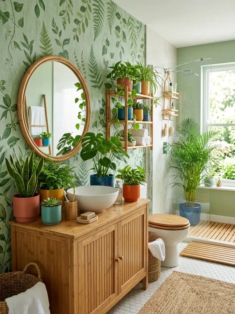 Green wallpaper and bamboo accessories in a colorful bathroom