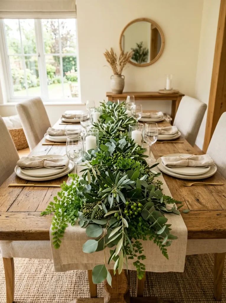 Olive branches and fresh foliage arranged across a dining table for a natural look.