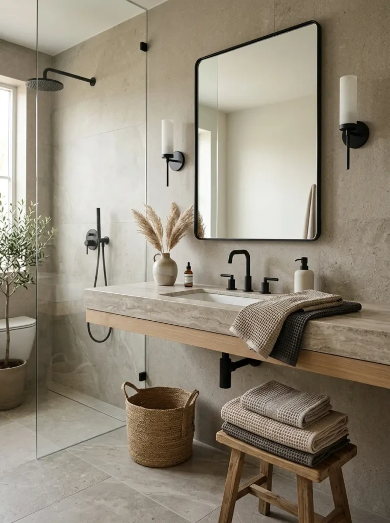 Elegant greige bathroom with stone countertops, black fixtures, and modern neutral styling.