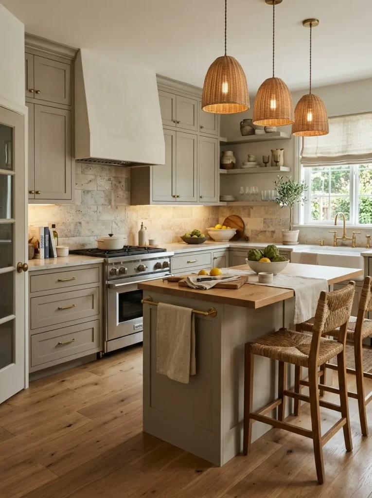 Stylish greige kitchen featuring stone backsplash, oak floors, and layered lighting for added warmth.