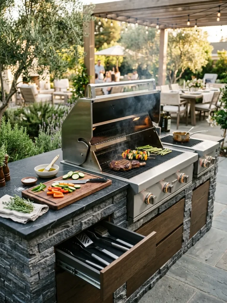 Spacious outdoor grill station with prep counters and hidden storage solutions.