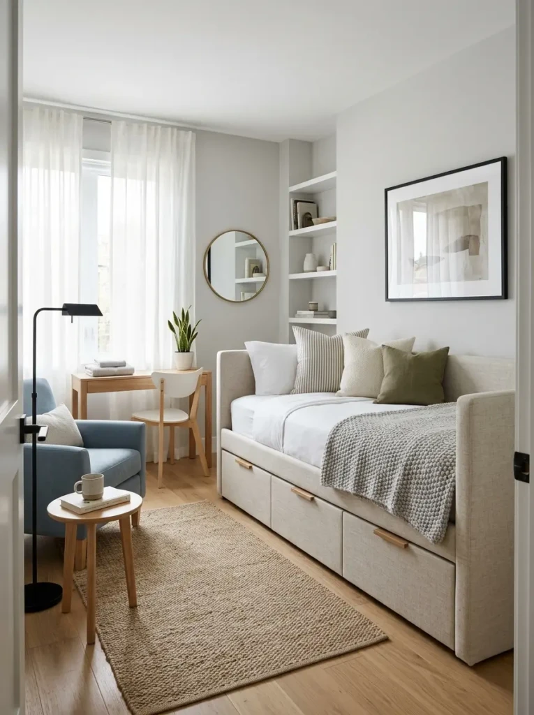 Stylish guest bedroom featuring a storage day bed, neutral decor, and multifunctional layout.