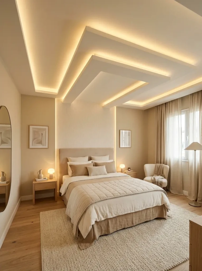 Elegant gypsum ceiling with concealed lighting and neutral colors in a modern bedroom.