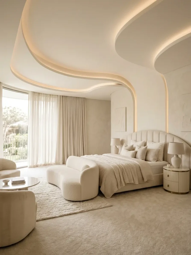 Elegant bedroom with curved gypsum ceiling, soft fabrics, and warm neutral colors.