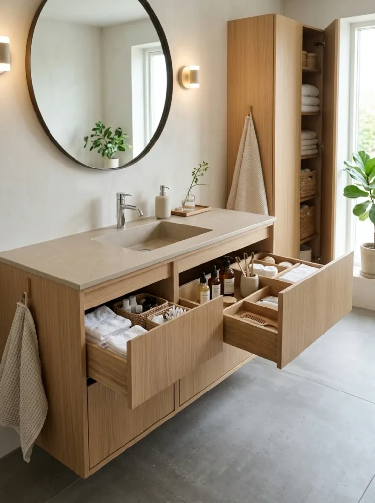 Sleek vanity with integrated storage drawers and organized bathroom essentials.