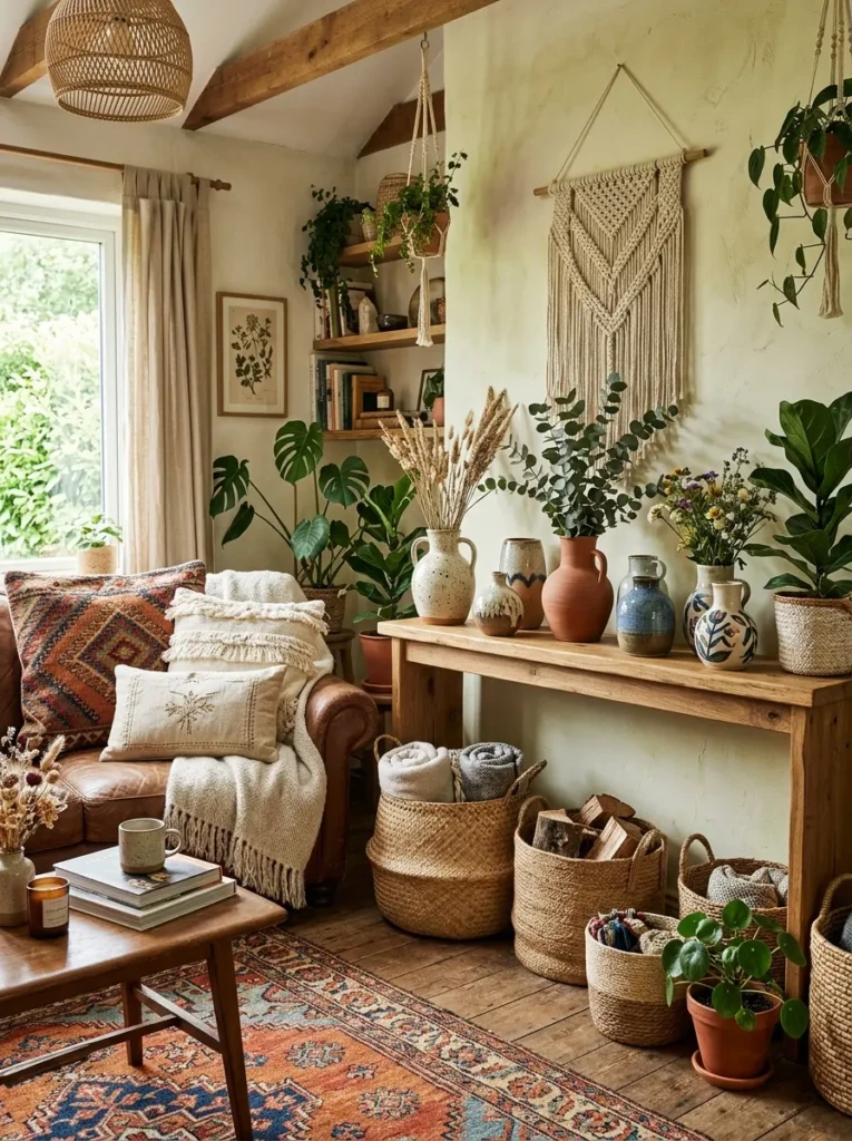 Woven baskets, ceramic vases, and artisan textiles decorating a bohemian space.