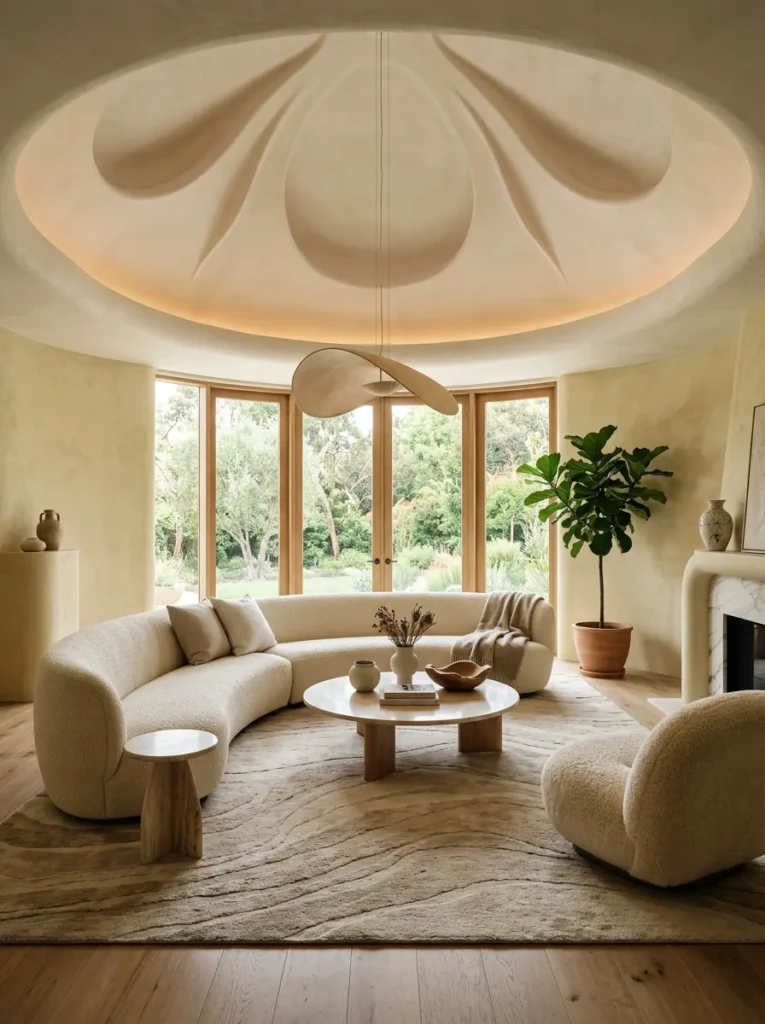 Cozy living room featuring curved ceiling details and soft organic furnishings.