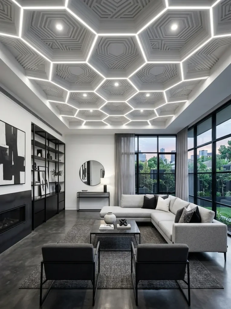Contemporary ceiling design featuring geometric shapes and clean architectural lines.