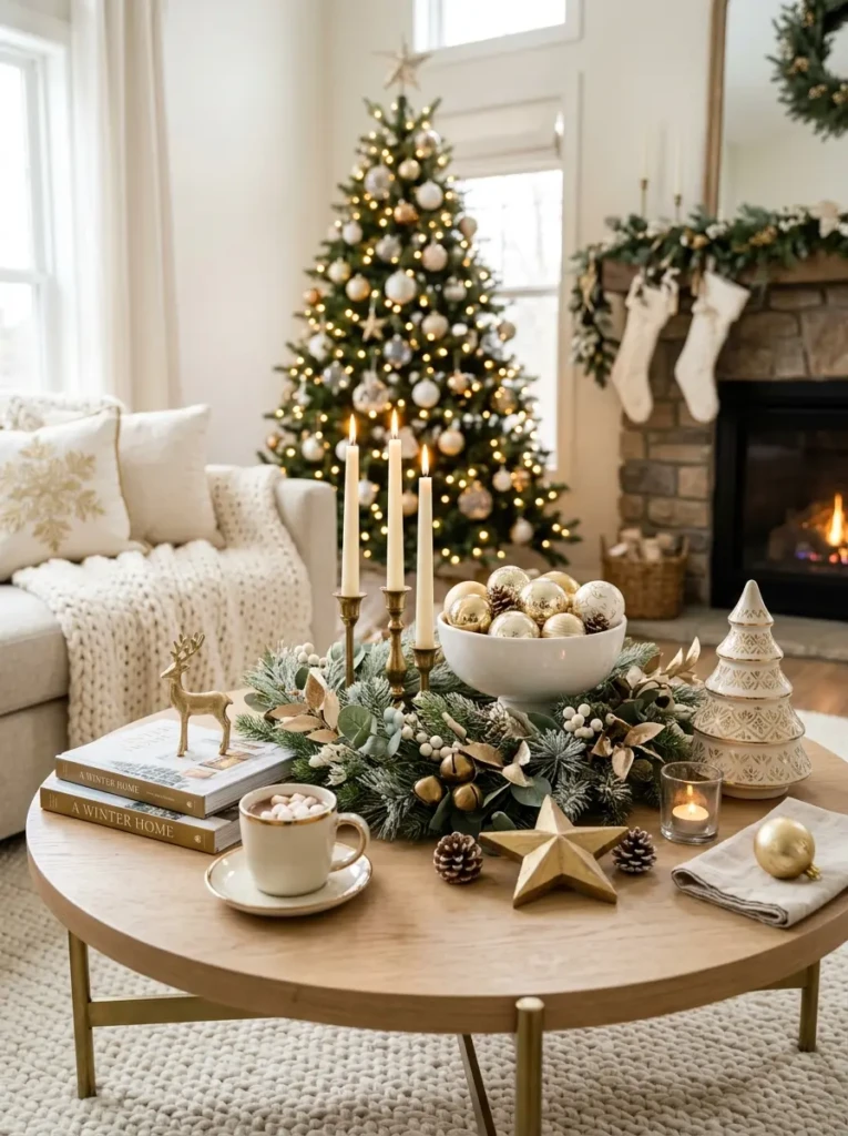 Cream, white, and gold Christmas accents creating a calm and sophisticated coffee table display