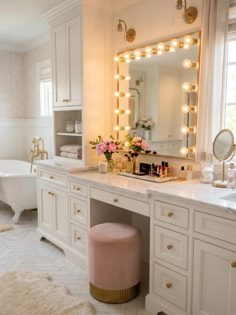 Hollywood-style bathroom vanity with makeup area, illuminated mirror lights, gold accents, and luxurious beauty setup.