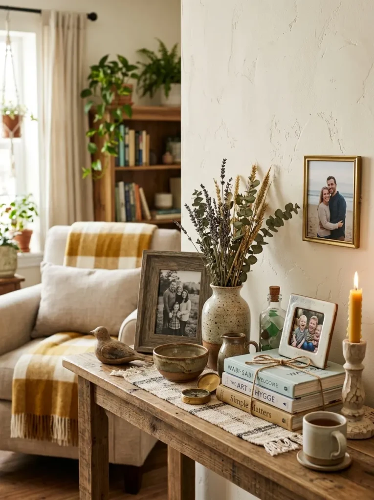 Cozy living room accessories including handmade pottery and sentimental decorative items.