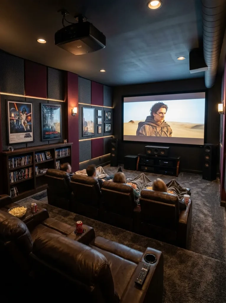 Basement theater room with recliners, acoustic panels, and soft carpeting