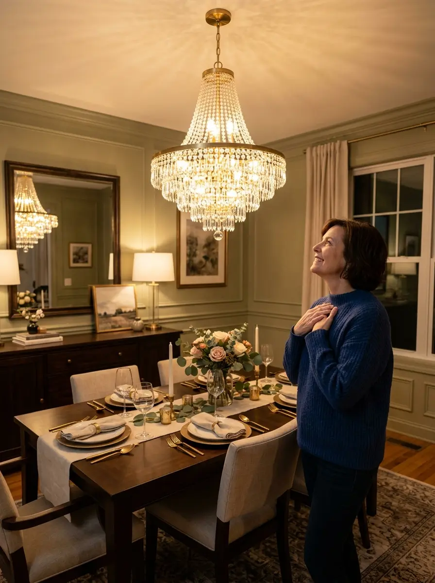 Homeowner admiring a stylish dining room enhanced by a beautiful chandelier.