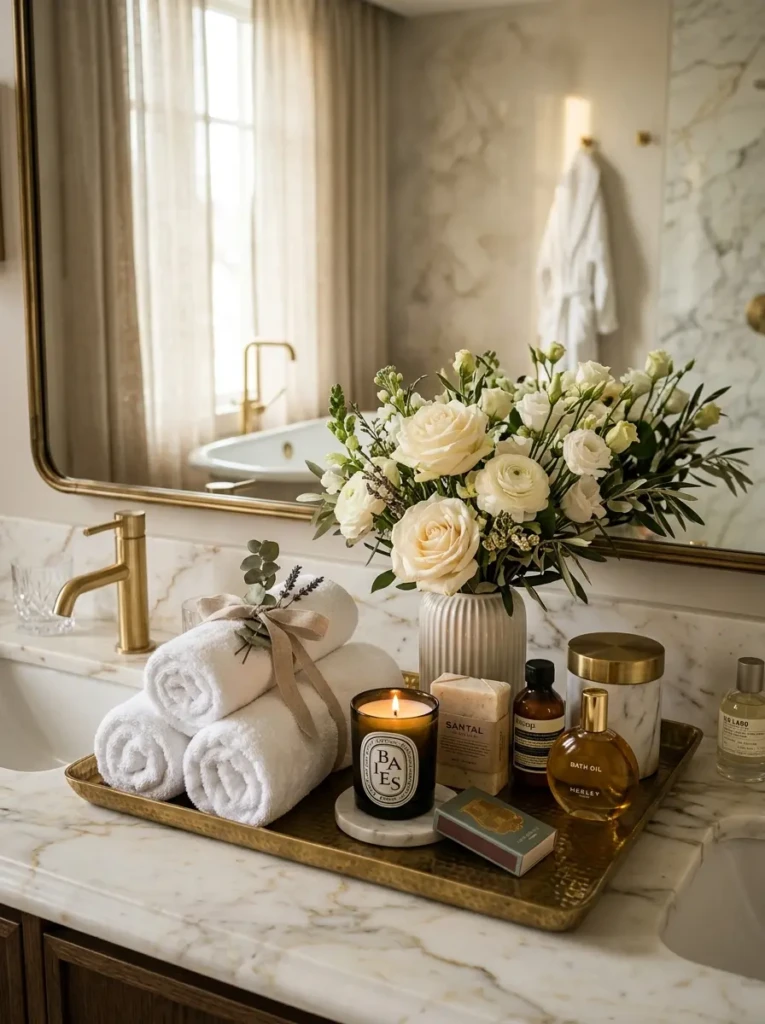 Luxury bathroom styled with rolled towels, candles, fresh flowers, and elegant decorative accessories.
