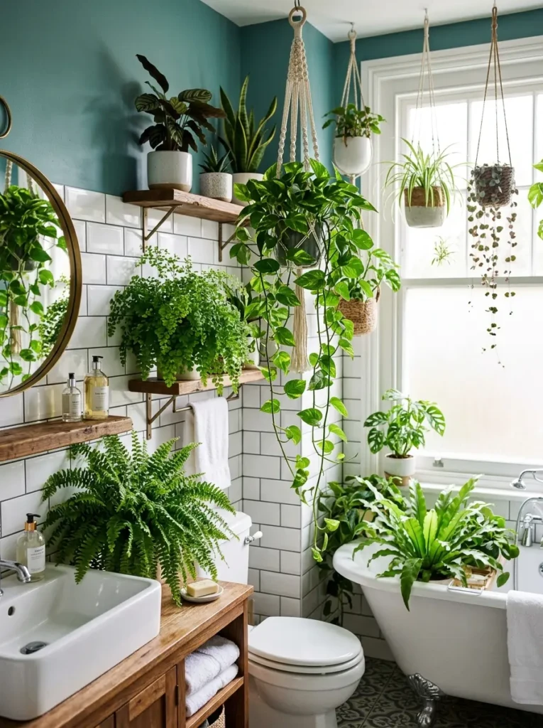Bathroom featuring pothos vines, ferns, and hanging planters