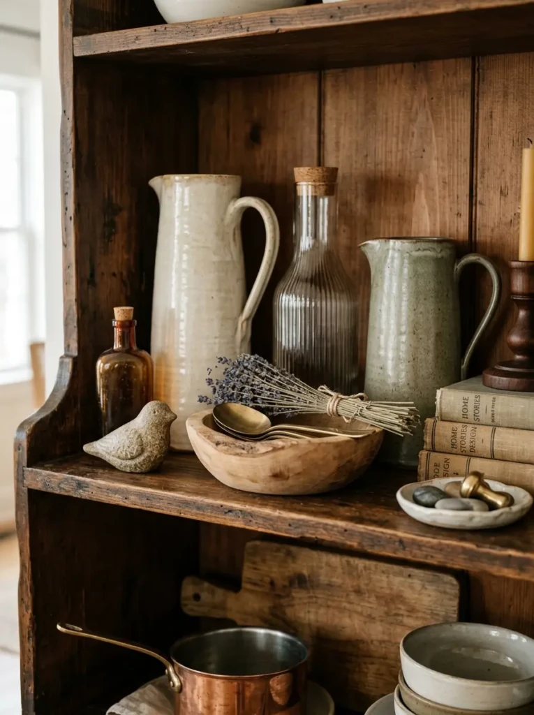 Hutch shelves featuring glass, wood, and ceramic decor arranged in layers
