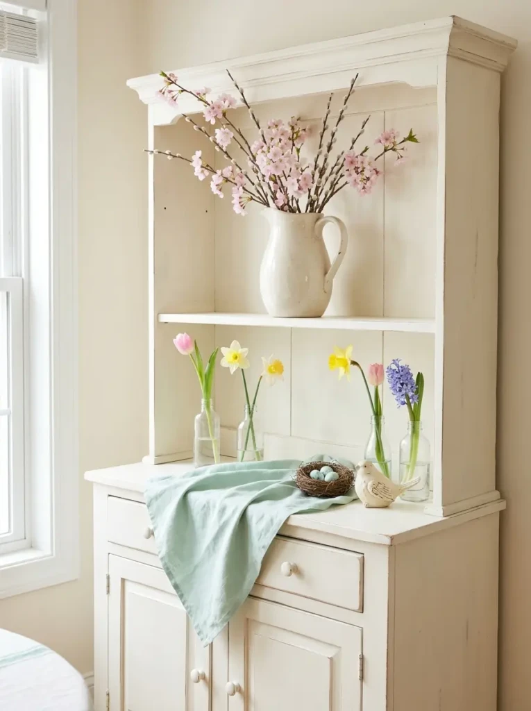 Dining room hutch decorated with seasonal branches and floral accents