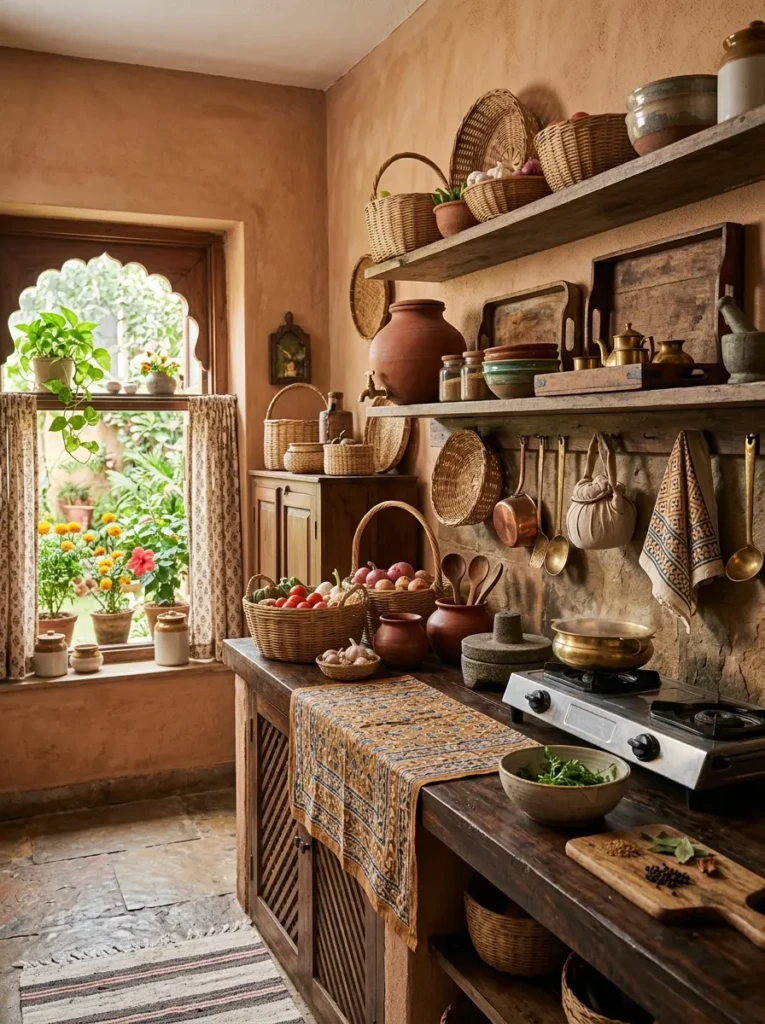 Indian kitchen styled with cane baskets, handmade pottery, wooden trays, and soft textile accents.