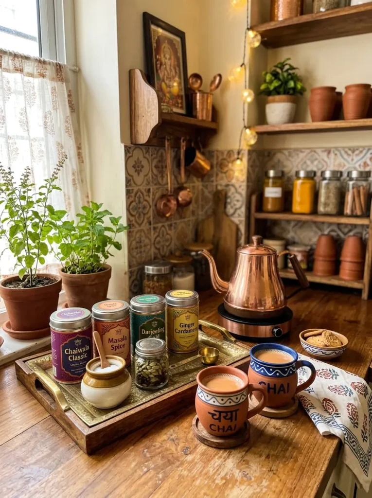 Dedicated tea corner with mugs, tea containers, and a kettle styled neatly on a compact countertop.