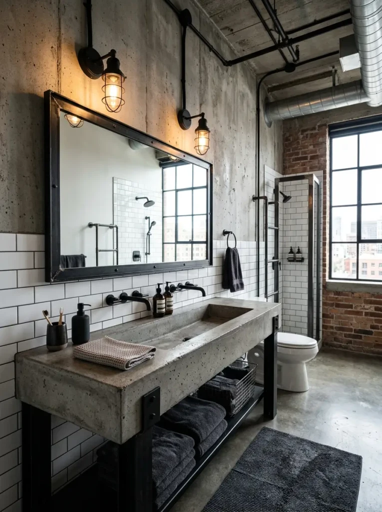 Industrial-style bathroom featuring a black metal-framed vanity mirror and concrete surfaces.