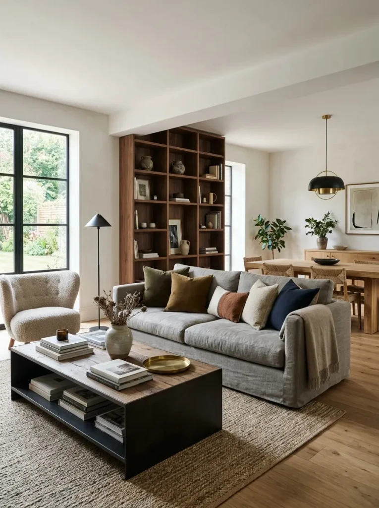 Sophisticated interior blending wood, fabric, and metal textures
