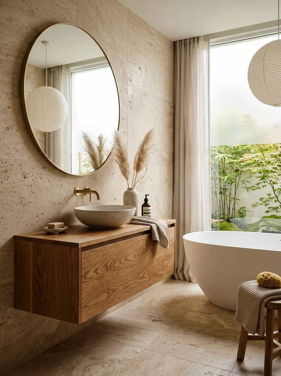Elegant japandi bathroom with natural wood vanity, stone textures, warm neutral colors, and soft natural lighting.