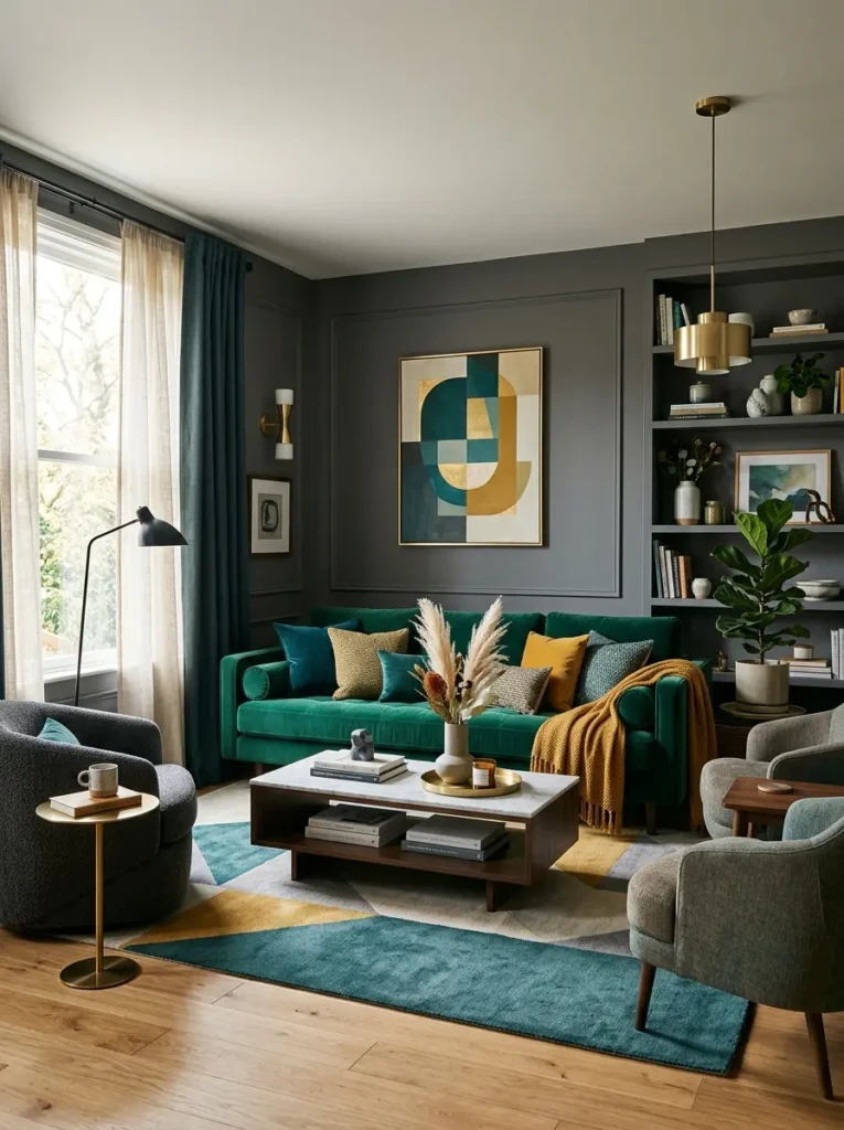 Modern living room featuring a jewel-toned sofa paired with complementary colorful decor.