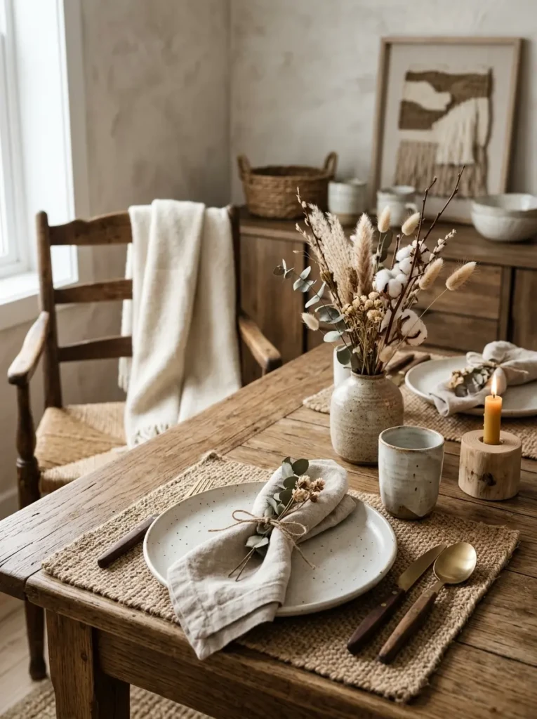 Close-up of woven fibers, linen textiles, ceramics, and a natural jute rug.