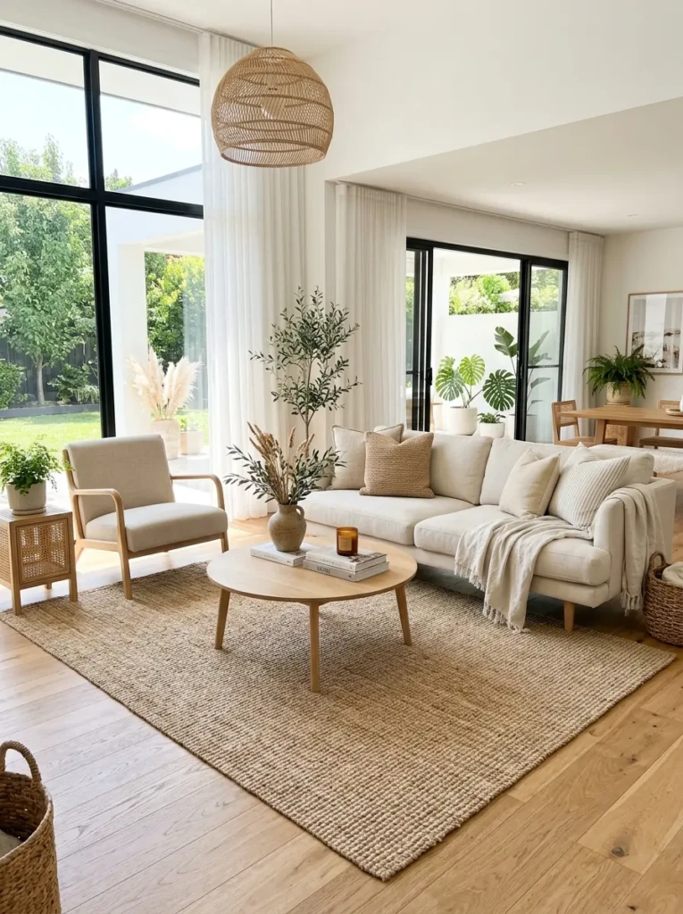Beige jute rug anchoring a bright and inviting summer living room.