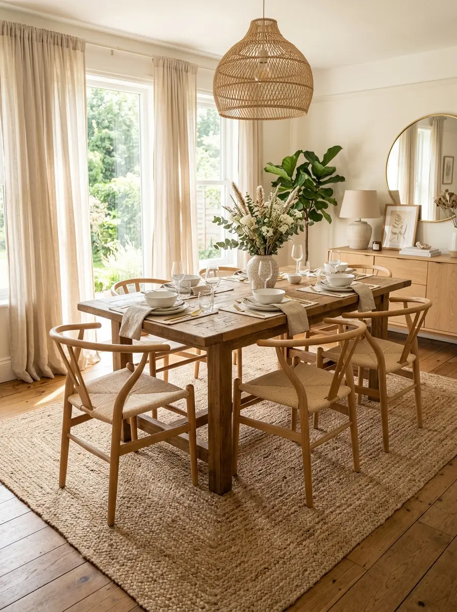 Elegant dining room featuring a large natural jute rug, wooden dining table, warm sunlight, and cozy neutral decor.